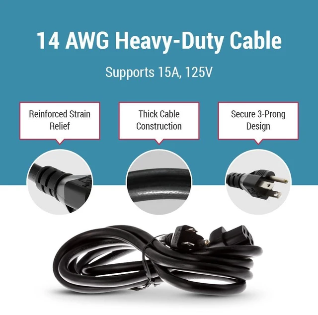 Alt view image 5 of 7 - 8 ft 14 AWG Power Cord, 5-15P to C15, 15A/125V, for Cisco Heavy Duty 14 AWG AC Cable, 15A/125V, for Home, Office, Appliances, Electronics and Power Tools, Black