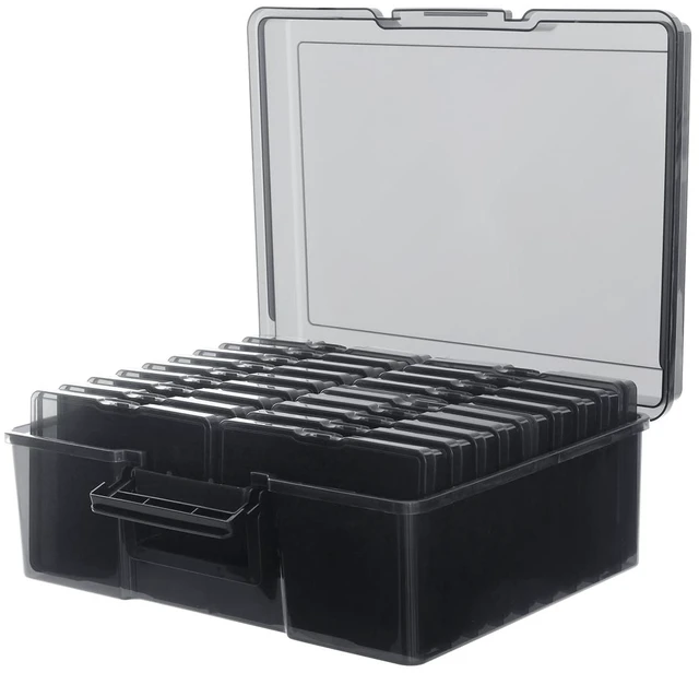 Main image of Photo Storage Box 5" x 7", 18 Inner Extra Large Photo Organizer Container, Plastic Craft Storage Box with Handle for Pictures Stickers Stamps Seeds