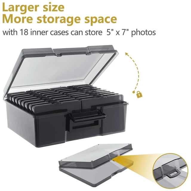 Alt view image 5 of 6 - Photo Storage Box 5" x 7", 18 Inner Extra Large Photo Organizer Container, Plastic Craft Storage Box with Handle for Pictures Stickers Stamps Seeds