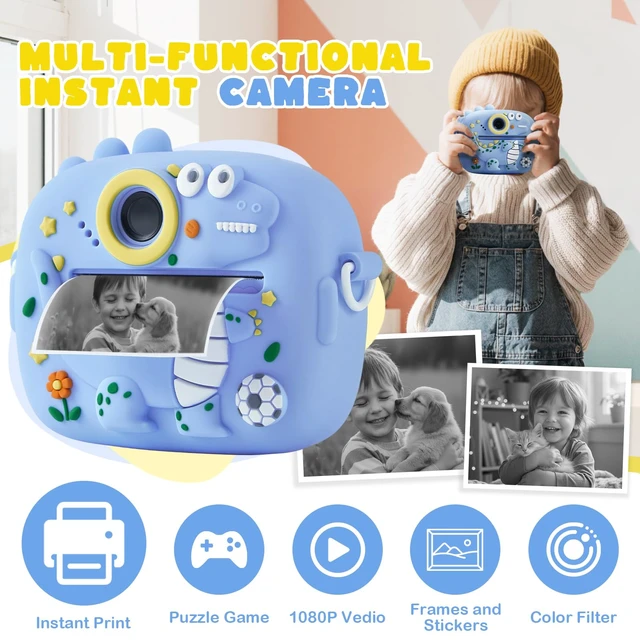 Alt view image 2 of 7 - Kids Instant Print Camera with Dinosaur Silicone Cover,1080P HD Digital Video Cameras for Kids with Print Paper & SD Card,Christmas Birthday Gifts for Girls Boys 3-10 Years (Blue)