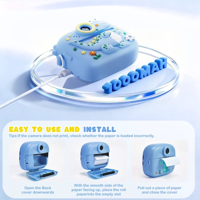 Alt view image 5 of 7 - Kids Instant Print Camera with Dinosaur Silicone Cover,1080P HD Digital Video Cameras for Kids with Print Paper & SD Card,Christmas Birthday Gifts for Girls Boys 3-10 Years (Blue)