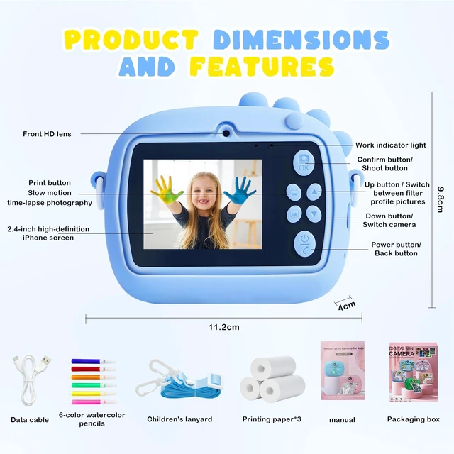 Alt view image 6 of 7 - Kids Instant Print Camera with Dinosaur Silicone Cover,1080P HD Digital Video Cameras for Kids with Print Paper & SD Card,Christmas Birthday Gifts for Girls Boys 3-10 Years (Blue)