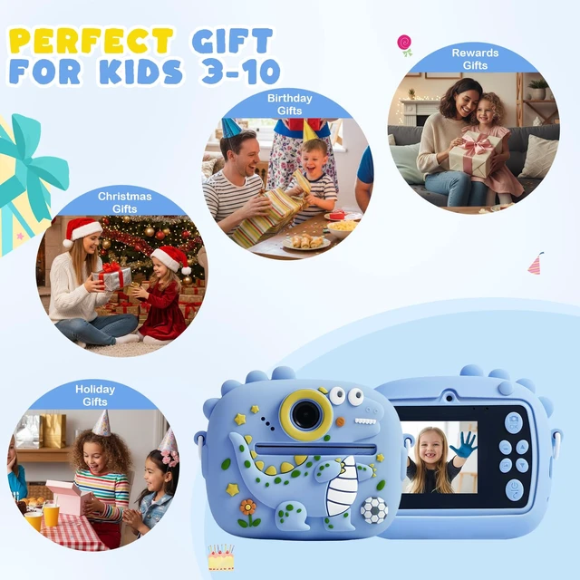 Alt view image 7 of 7 - Kids Instant Print Camera with Dinosaur Silicone Cover,1080P HD Digital Video Cameras for Kids with Print Paper & SD Card,Christmas Birthday Gifts for Girls Boys 3-10 Years (Blue)