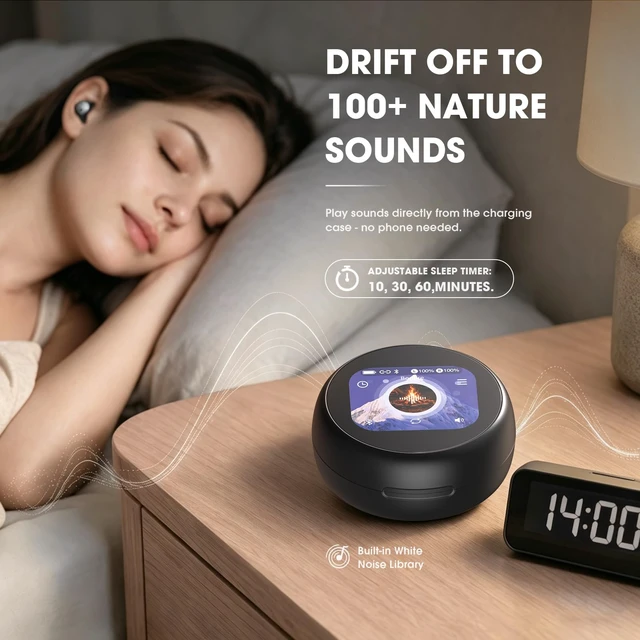 Alt view image 3 of 7 - NE90 Wireless Sleep Earbuds for Side Sleepers, Smart Touchscreen Case with Built-in White Noise, Mini Invisible Headphones, Comfortable Earplugs for Sleeping, Noise Reduction, Sleep Timer