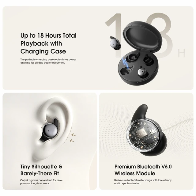 Alt view image 7 of 7 - NE90 Wireless Sleep Earbuds for Side Sleepers, Smart Touchscreen Case with Built-in White Noise, Mini Invisible Headphones, Comfortable Earplugs for Sleeping, Noise Reduction, Sleep Timer