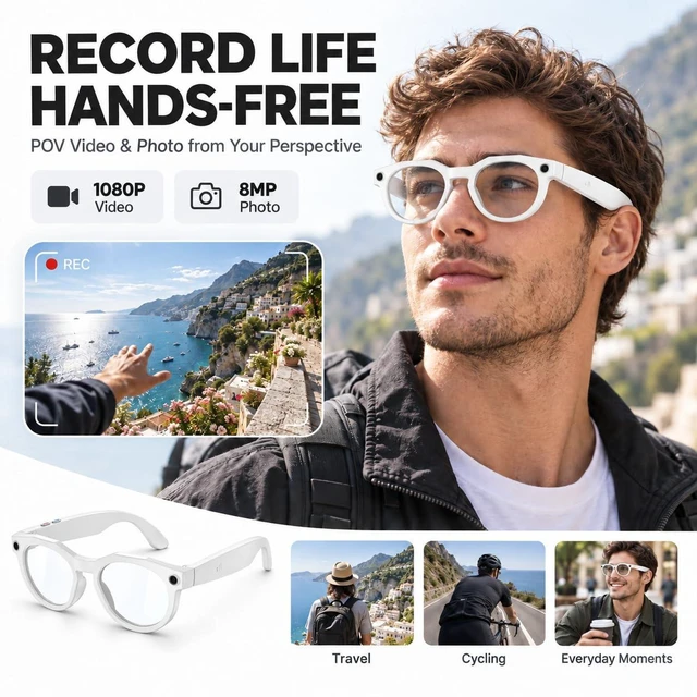 Alt view image 3 of 7 - AI Smart Glasses with Camera POV Vlogging Capture & Open-Ear Audio AI object recognition & translation, photochromic lenses, 290mAh battery
