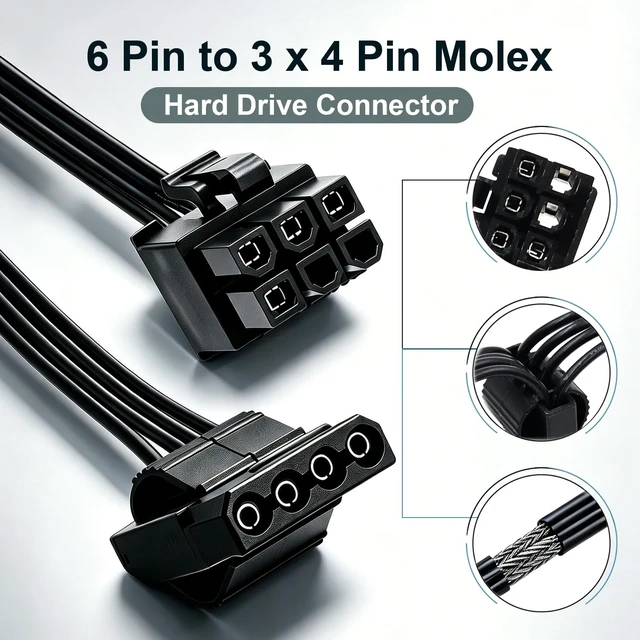 Alt view image 2 of 7 - Molex Power Cable for Corsair PSUs, 6 Pin to 3X 4 Pin Molex Female Hard Drive Power Adapter Splitter for BTC Mining Riser Card 20-in