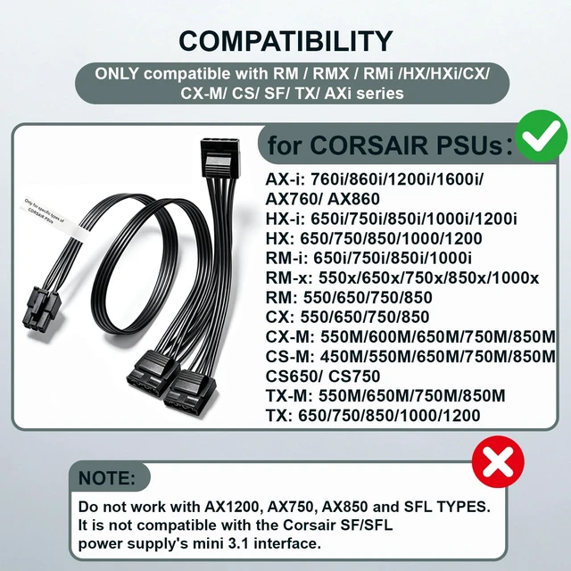 Alt view image 4 of 7 - Molex Power Cable for Corsair PSUs, 6 Pin to 3X 4 Pin Molex Female Hard Drive Power Adapter Splitter for BTC Mining Riser Card 20-in