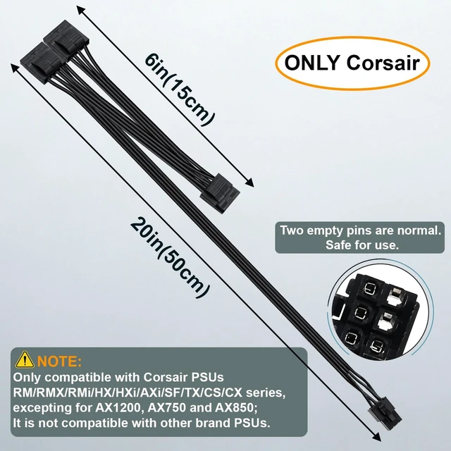Alt view image 6 of 7 - Molex Power Cable for Corsair PSUs, 6 Pin to 3X 4 Pin Molex Female Hard Drive Power Adapter Splitter for BTC Mining Riser Card 20-in