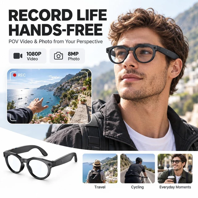 Alt view image 3 of 7 - AI Smart Glasses with Camera POV Vlogging Capture & Open-Ear Audio AI object recognition & translation, photochromic lenses, 290mAh battery