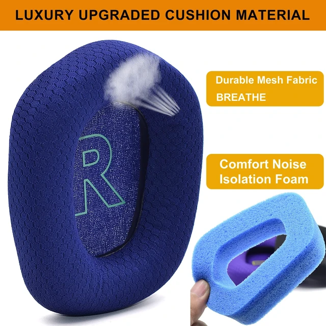 Alt view image 4 of 6 - Mesh Fabric Earpads for Logitech G733 G535 G335 Headphone-Blue Ear Pads with Durable Mesh Fabric for Logitech G733 Lightspeed Wireless Gaming Headset, Comfort Noise Isolation Foam