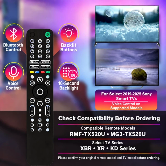 Alt view image 3 of 7 - Backlit RMF-TX520U Remote for Sony Smart TVs with Voice Control replacement remote for Sony 2019-2023 XBR, KD and XR series, X80J, X85J, X90J and A80J models, backlit keys