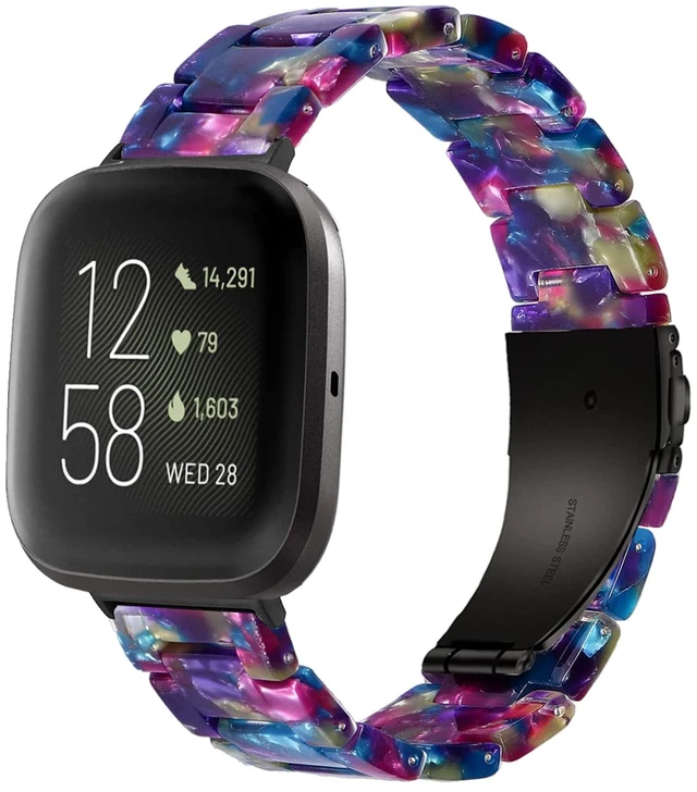 Main image of AWSMOR Compatible with Fitbit Versa 2 /Versa/Versa Lite Band Women men Resin Wristbands Strap with Metal Stainless Steel Buckle Replacement for Fitbit Versa 2 SmartwatchPurple Green Flower