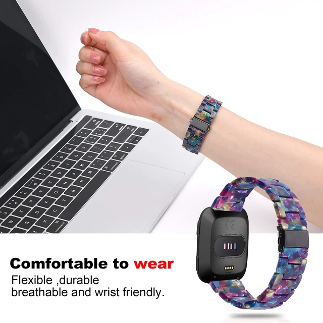 Alt view image 5 of 7 - AWSMOR Compatible with Fitbit Versa 2 /Versa/Versa Lite Band Women men Resin Wristbands Strap with Metal Stainless Steel Buckle Replacement for Fitbit Versa 2 SmartwatchPurple Green Flower