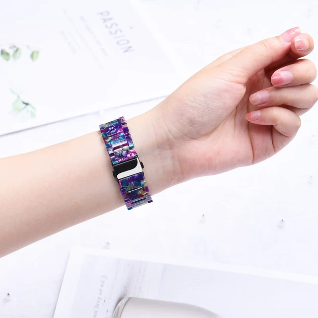 Alt view image 7 of 7 - AWSMOR Compatible with Fitbit Versa 2 /Versa/Versa Lite Band Women men Resin Wristbands Strap with Metal Stainless Steel Buckle Replacement for Fitbit Versa 2 SmartwatchPurple Green Flower