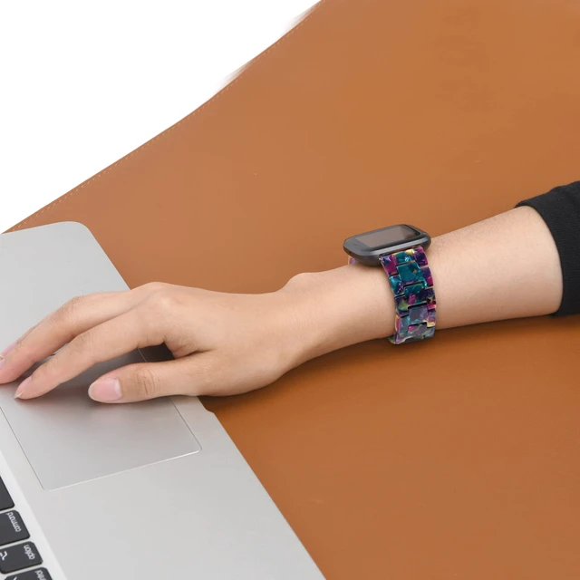 Alt view image 6 of 7 - AWSMOR Compatible with Fitbit Versa 2 /Versa/Versa Lite Band Women men Resin Wristbands Strap with Metal Stainless Steel Buckle Replacement for Fitbit Versa 2 SmartwatchPurple Green Flower