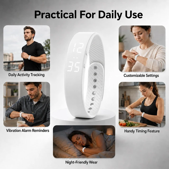 Alt view image 6 of 7 - Silent Vibrating Alarm Wristband, Rechargeable Fitness Activity Tracker Silent vibrating alarm wristband tracks steps and calories, built-in rechargeable battery for daily use
