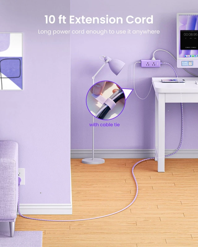 Alt view image 2 of 6 - Purple Extension Cord 10 ft, Power Strip Purple,6 Outlets & 3 USB Ports (1 USB-C), Flat Extension Cord for Home Office Dorm Desk Accessories