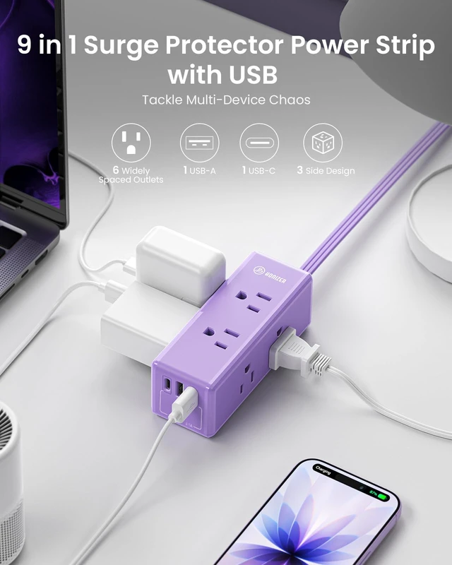Alt view image 4 of 6 - Purple Extension Cord 10 ft, Power Strip Purple,6 Outlets & 3 USB Ports (1 USB-C), Flat Extension Cord for Home Office Dorm Desk Accessories