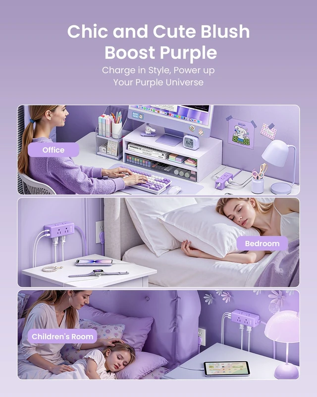 Alt view image 3 of 6 - Purple Extension Cord 10 ft, Power Strip Purple,6 Outlets & 3 USB Ports (1 USB-C), Flat Extension Cord for Home Office Dorm Desk Accessories