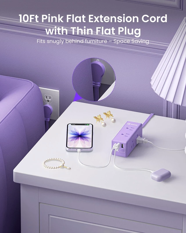 Alt view image 5 of 6 - Purple Extension Cord 10 ft, Power Strip Purple,6 Outlets & 3 USB Ports (1 USB-C), Flat Extension Cord for Home Office Dorm Desk Accessories