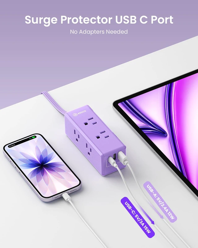 Alt view image 6 of 6 - Purple Extension Cord 10 ft, Power Strip Purple,6 Outlets & 3 USB Ports (1 USB-C), Flat Extension Cord for Home Office Dorm Desk Accessories