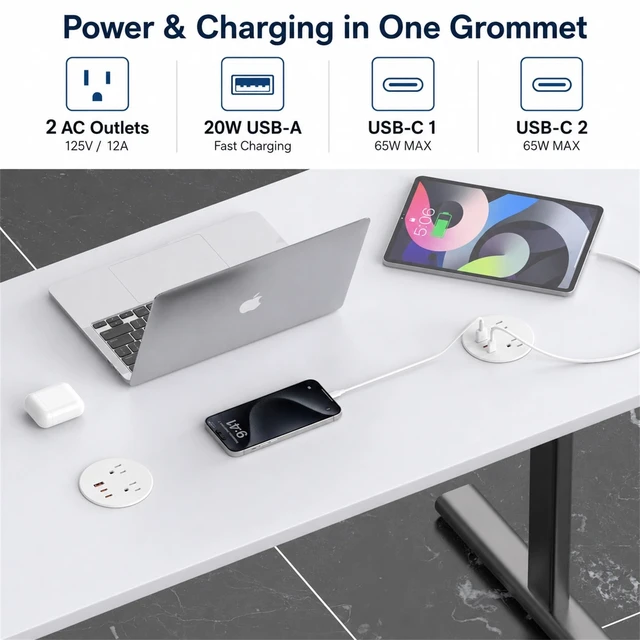 Alt view image 2 of 7 - Desk Power Grommet, Recessed Power Strip with 2 AC Outlets, 2X 65W USB-C & 20W USB-A, 3" Cutout, 6.56FT Cord Ideal for Desks, Counters & Workspaces,Black
