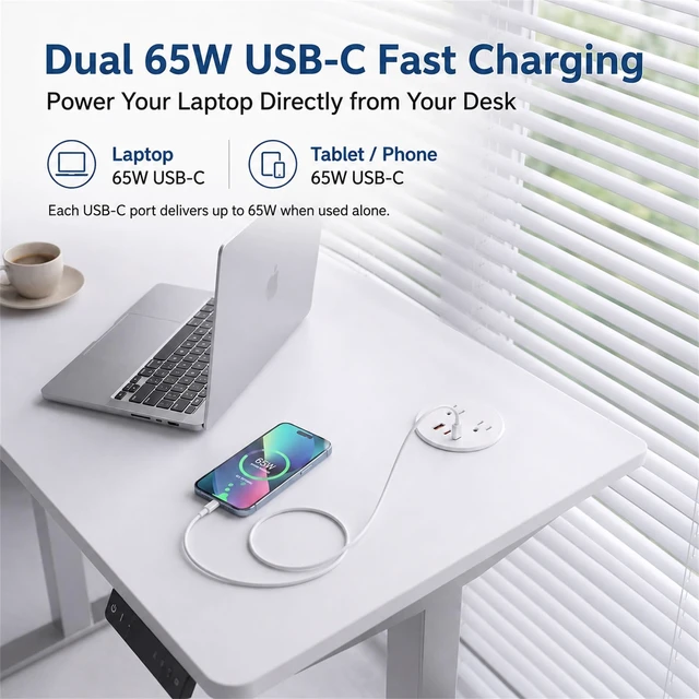 Alt view image 3 of 7 - Desk Power Grommet, Recessed Power Strip with 2 AC Outlets, 2X 65W USB-C & 20W USB-A, 3" Cutout, 6.56FT Cord Ideal for Desks, Counters & Workspaces,Black