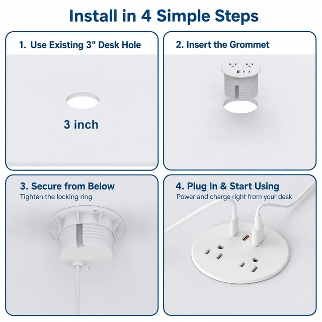 Alt view image 6 of 7 - Desk Power Grommet, Recessed Power Strip with 2 AC Outlets, 2X 65W USB-C & 20W USB-A, 3" Cutout, 6.56FT Cord Ideal for Desks, Counters & Workspaces,Black