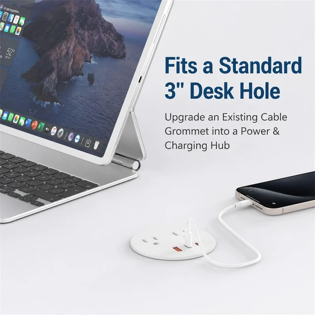 Alt view image 5 of 7 - Desk Power Grommet, Recessed Power Strip with 2 AC Outlets, 2X 65W USB-C & 20W USB-A, 3" Cutout, 6.56FT Cord Ideal for Desks, Counters & Workspaces,Black