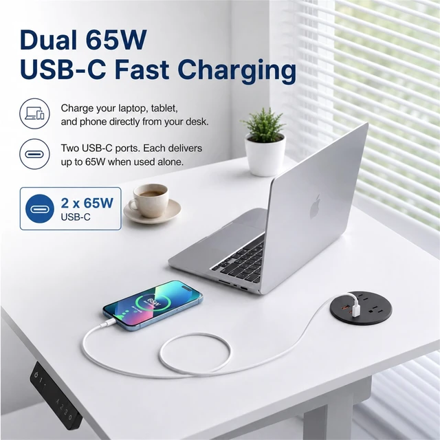 Alt view image 2 of 7 - Desk Power Grommet, Recessed Power Strip with 2 AC Outlets, 2X 65W USB-C & 20W USB-A, 3" Cutout, 6.56FT Cord Ideal for Desks, Counters & Workspaces,White