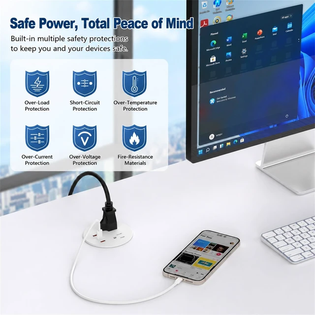 Alt view image 7 of 7 - Desk Power Grommet, Recessed Power Strip with 2 AC Outlets, 2X 65W USB-C & 20W USB-A, 3" Cutout, 6.56FT Cord Ideal for Desks, Counters & Workspaces,Black