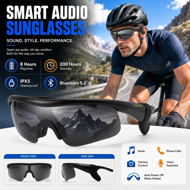 Alt view image 2 of 7 - Bluetooth Sunglasses, Polarized UV400 Open-Ear Audio Glasses Smart Glasses, 8H Playtime, Hands-Free Calls, Music & Voice Control, 52g Lightweight TR90 Frame, IPX5 Waterproof Sport Fit