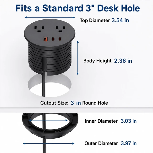Alt view image 4 of 7 - Desk Power Grommet, Recessed Power Strip with 2 AC Outlets, 2X 65W USB-C & 20W USB-A, 3" Cutout, 6.56FT Cord Ideal for Desks, Counters & Workspaces,White