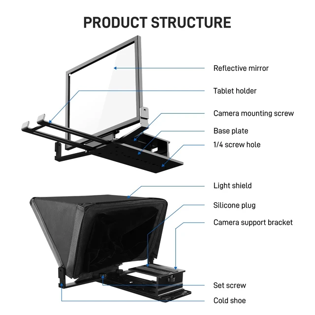 Alt view image 5 of 7 - 12" Teleprompter kit with Remote Control & App, Collapsible Teleprompter for iPad Tablet Phone DSLR Camera, Prompter with Carry Case, HD Refective Display, for Video Recording/Vlogger