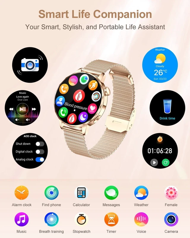 Alt view image 2 of 7 - Smart Watch for Women, 1.27 Inch HD Touchscreen, Bluetooth Calling, Heart Rate & Sleep Tracking, 100+ Sports Modes, IP68 Waterproof Fitness Tracker for Android & iPhone
