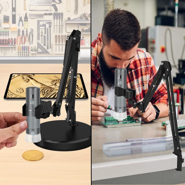 Alt view image 2 of 7 - 4K WiFi Microscope with Max 21 Inch Height Stand & Table Clamp, 50-1000X USB Digital Microscope 3840x 2160P Camera, Work for iPhone Android Windows Mac Linux Chrome