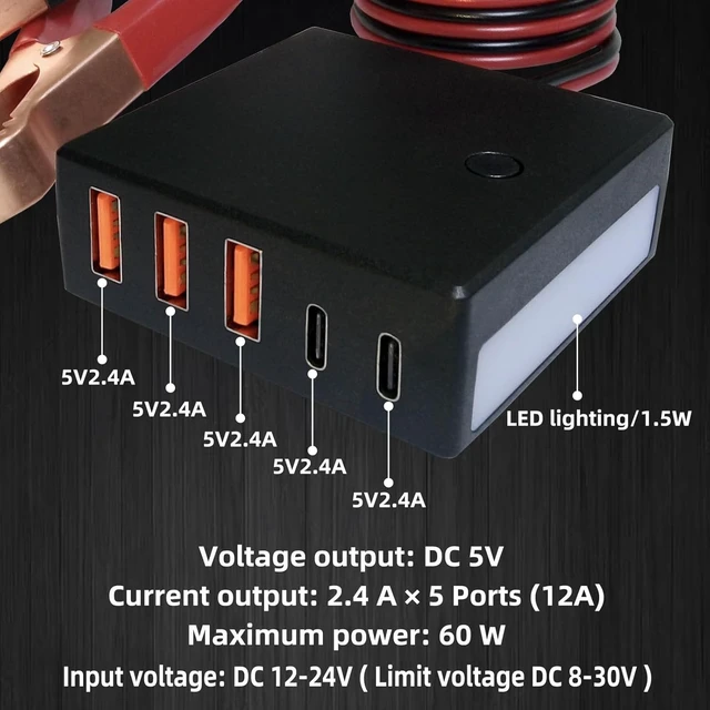 Alt view image 2 of 6 - 12V 24V to USB USB-C Buck Conversion Charger Multi Port Adapter Output DC 5V 12A 60W 3 USB-A and 2 USB-C