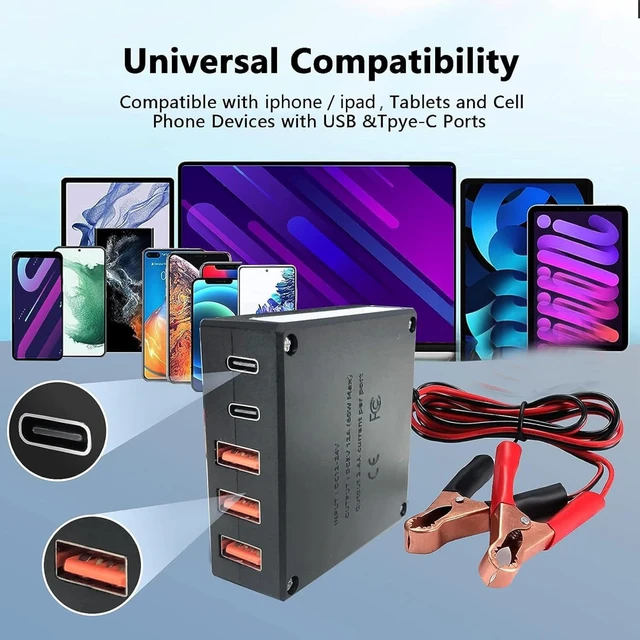 Alt view image 4 of 6 - 12V 24V to USB USB-C Buck Conversion Charger Multi Port Adapter Output DC 5V 12A 60W 3 USB-A and 2 USB-C