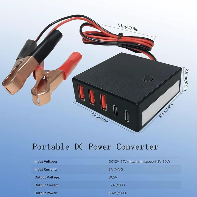 Alt view image 6 of 6 - 12V 24V to USB USB-C Buck Conversion Charger Multi Port Adapter Output DC 5V 12A 60W 3 USB-A and 2 USB-C