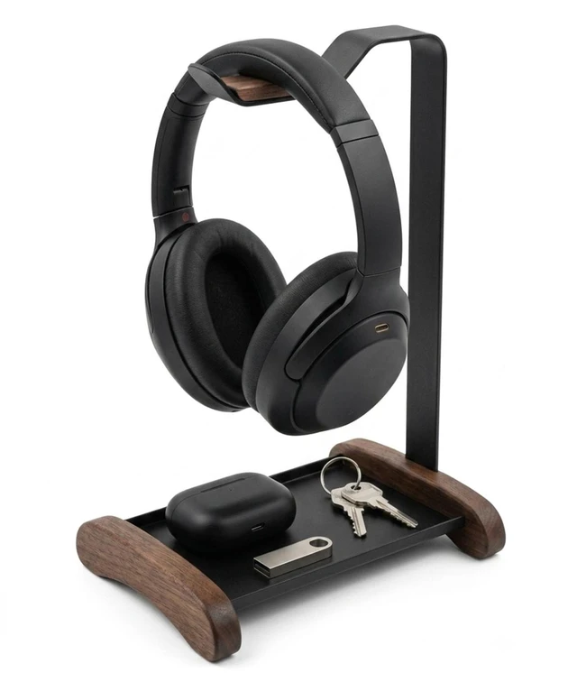 Main image of Headphone Stand, Walnut Wood Headset Holder for Desk Storage tray for keys, watches & earbuds; aluminum frame, fits gaming & over ear headphones for desk setup