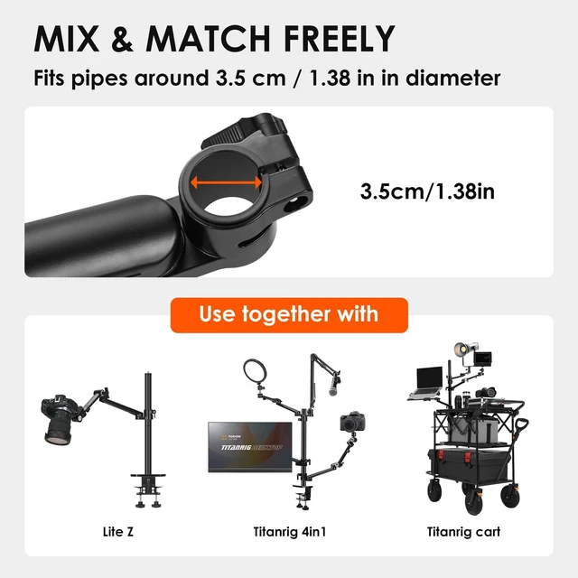 Alt view image 2 of 7 - 19" Modular Desktop Camera Arm DSLR Mount Titanrig Arm Z Compatible with 35 mm Rods Titanrig Lite Z Live Studio, Detachable 1/4" Screw Ballhead, 360 Degrees Adjustable