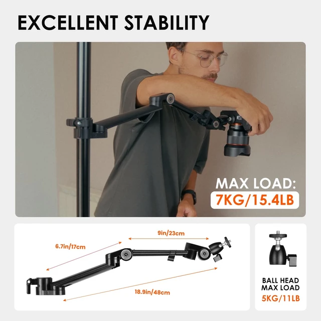 Alt view image 6 of 7 - 19" Modular Desktop Camera Arm DSLR Mount Titanrig Arm Z Compatible with 35 mm Rods Titanrig Lite Z Live Studio, Detachable 1/4" Screw Ballhead, 360 Degrees Adjustable