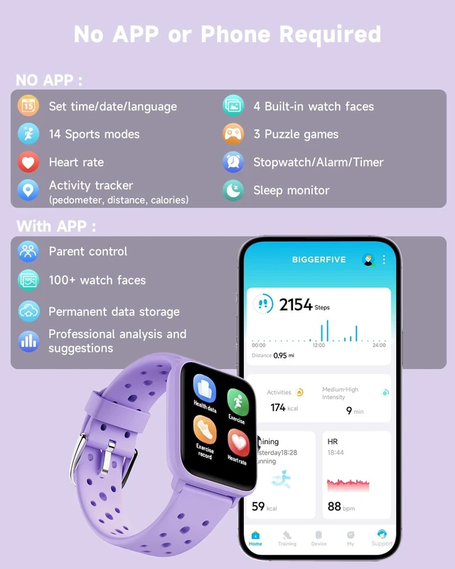 Alt view image 2 of 7 - Smart Watch for Kids Without APP, Fitness Tracker Watch Pedometer, Heart Rate, 5ATM Waterproof, Sleep Monitor, Calorie Step Counter, Games, Alarm Clock for Girls 5-14, Porous Lilac