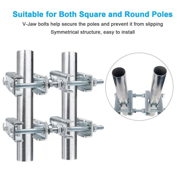 Alt view image 4 of 6 - 2 Sets Antenna Mast to Mast Clamp Bracket Kit with V Jaw Blocks for 1"-2.5" OD Poles, Heavy Duty Mounting Hardware for Ham TV Network Antennas, Security Cameras, Weather Station