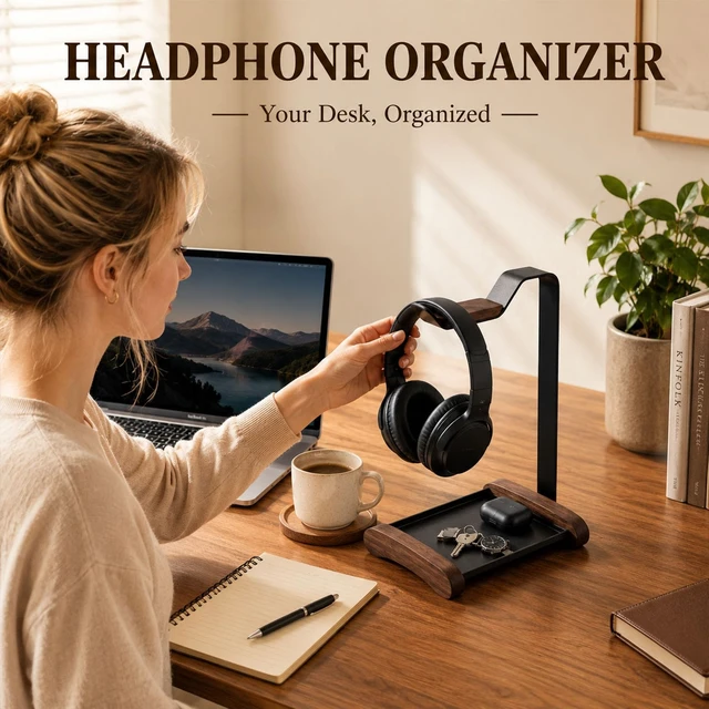 Alt view image 2 of 7 - Headphone Stand, Walnut Wood Headset Holder for Desk Storage tray for keys, watches & earbuds; aluminum frame, fits gaming & over ear headphones for desk setup