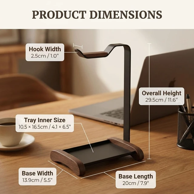 Alt view image 3 of 7 - Headphone Stand, Walnut Wood Headset Holder for Desk Storage tray for keys, watches & earbuds; aluminum frame, fits gaming & over ear headphones for desk setup