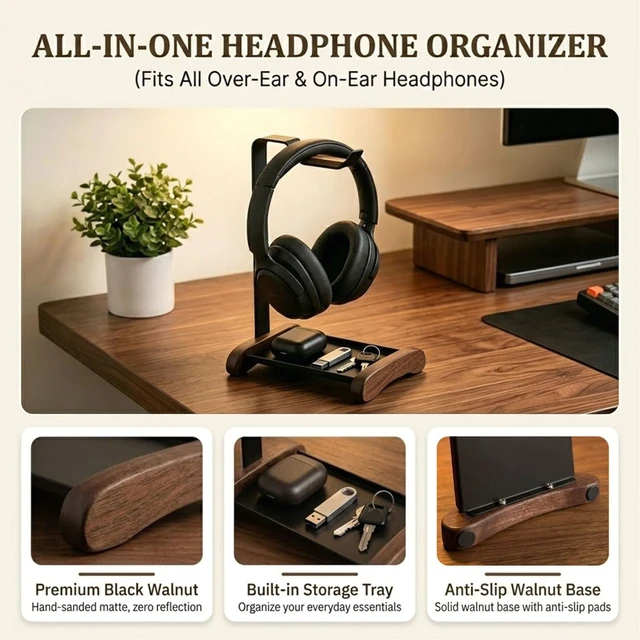 Alt view image 4 of 7 - Headphone Stand, Walnut Wood Headset Holder for Desk Storage tray for keys, watches & earbuds; aluminum frame, fits gaming & over ear headphones for desk setup