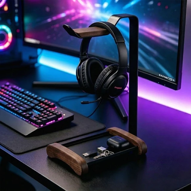 Alt view image 5 of 7 - Headphone Stand, Walnut Wood Headset Holder for Desk Storage tray for keys, watches & earbuds; aluminum frame, fits gaming & over ear headphones for desk setup