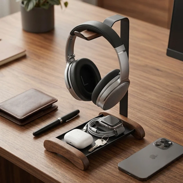 Alt view image 6 of 7 - Headphone Stand, Walnut Wood Headset Holder for Desk Storage tray for keys, watches & earbuds; aluminum frame, fits gaming & over ear headphones for desk setup